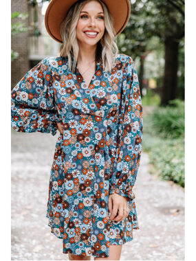 Umgee All I’ve Wanted Babydoll Teal Long Sleeve Dress Medium